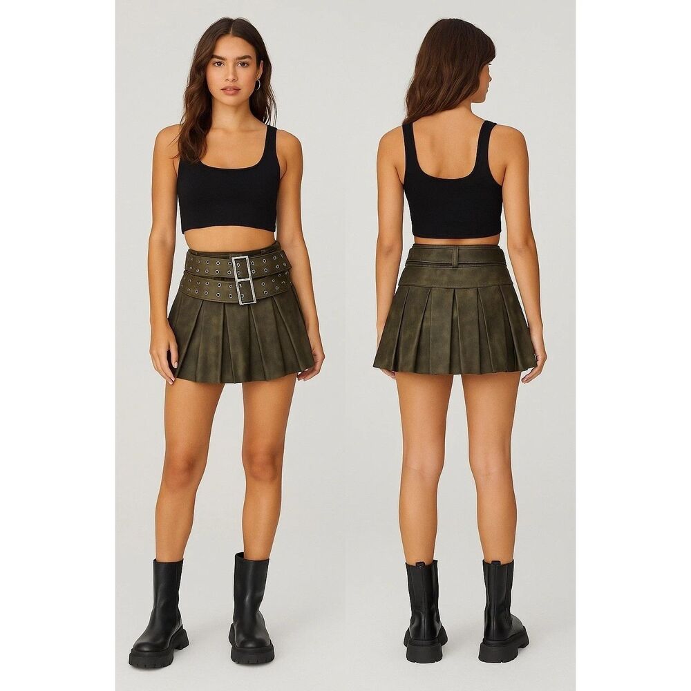 WEWOREWHAT Vegan Leather Pleated Micro Mini Skirt Belted Patina Lt Brown Size 10